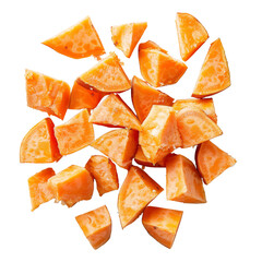 isolated diced sweet potato chunks on stark white background.