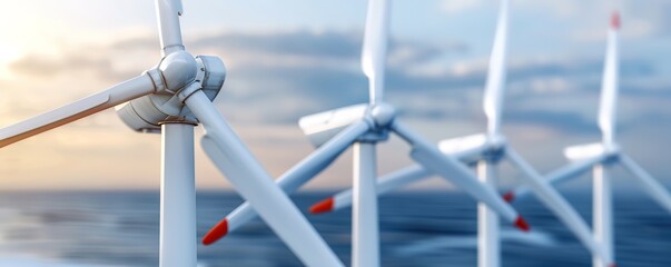 Wind turbines spinning against a blue sky. Clean and sustainable energy, alternative energy, renewable energy, wind power.