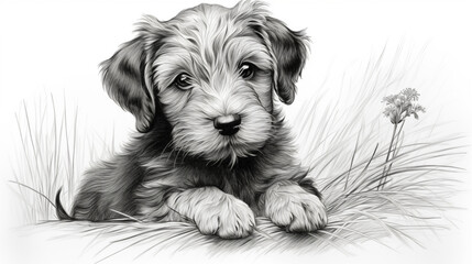 Wall Mural - sweet puppy dog drawing, puppy pencil drawing vintage.