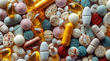 Assorted medications and vitamins arranged closely on a flat surface, showcasing various shapes and colors