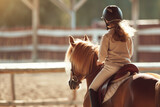 Young girl wearing helmet riding horse in outdoor arena with warm sunlight. Concepts of equestrian sports, youth activities, and healthy lifestyle.