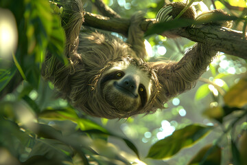 Sticker - A curious sloth hanging upside down on a branch, looking directly at the camera.