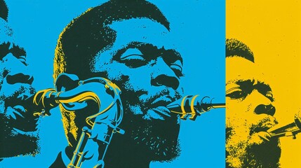 This image portrays an artistic rendition of a jazz musician passionately playing a saxophone, depicted in a mix of blue and yellow hues.