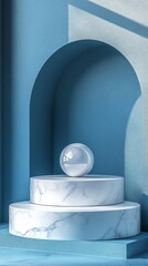 Wall Mural - A marble ball sits on top of a white pedestal in a blue room