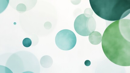 Wall Mural - White, light blue and green toned background. Illustration consists of circles, squares and other geometric shapes arranged in a clean and modern style.