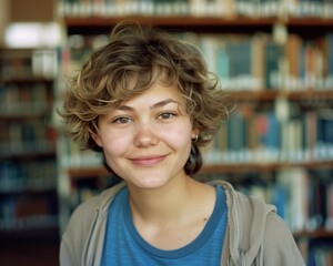 Poster - Close-up portrait of a smiling young woman with short brown hair and freckles. AI.