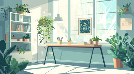 Wall Mural - A modern room with a desk by the window. It has a poster, house plants, and a shelving. It's drawn in a flat style.