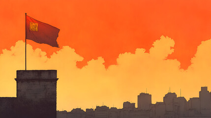 Wall Mural - Cityscape with Flag Silhouette at Sunset, Perfect for Your Next Design Project