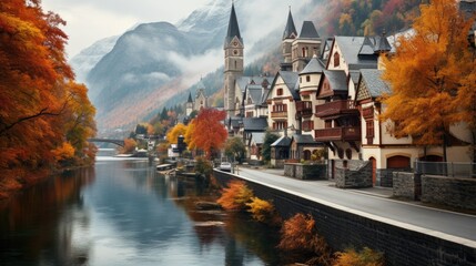 Sticker - Austria, Upper Austria, Hallstatt, Town on shore of Lake Hallstatt with parish church in center 