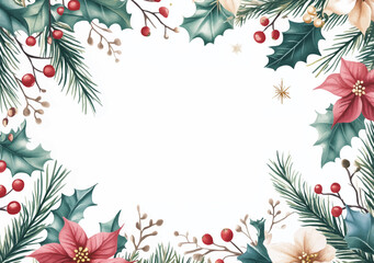 Wall Mural - Christmas greeting card template with watercolor holly branches and berries