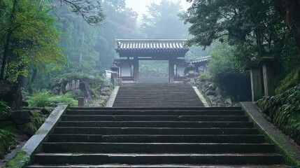 Stone Steps Leading to a Japanese Temple Gate in a Misty Forest