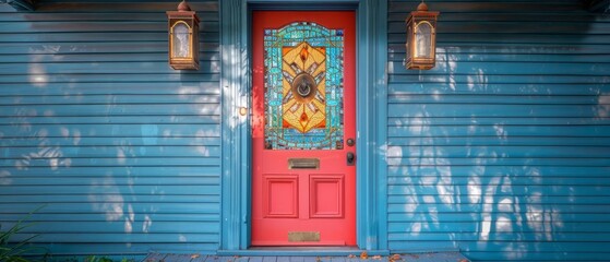 A colorful front door of a Victorian-era house, featuring intricate stained glass and a brass doorbell