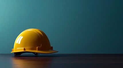 Yellow safety helmet sitting on table against teal background