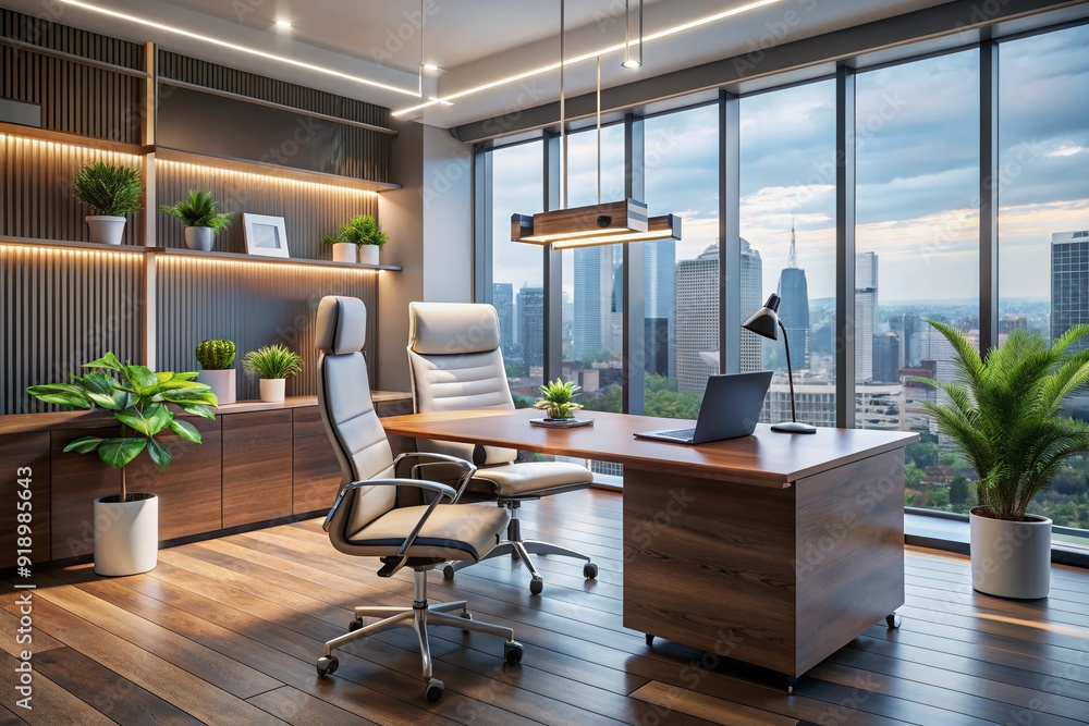 Modern minimalist office interior with sleek desk, ergonomic chair, and ...