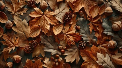 Wall Mural - A close-up shot of various leaves and pine cones, ideal for use in nature or environmental-themed designs