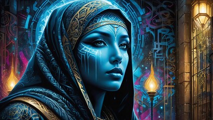 Wall Mural - 3D illustration of a beautiful Egyptian woman in a veil with a mosque in the background