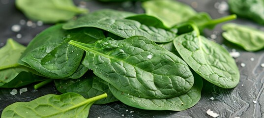 Wall Mural - Fresh, Green Baby Spinach Leaves Glisten With Water Droplets Against a Dark Background