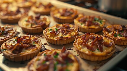 Close-Up Of Freshly Baked Mini Quiches With Bacon And Herbs.Gourmet Appetizers On A Baking