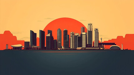 Wall Mural - Singapore Skyline with Sunset, a Striking Illustration for Your Design Projects