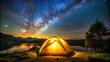 © lapeepon - Tourist tent glowing in the dark, camping, night, technology, innovation, AI, illuminated, outdoor, adventure, traveler