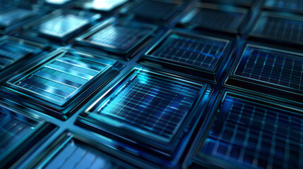 A display of square solar panels with aerial abstractions in dark azure.