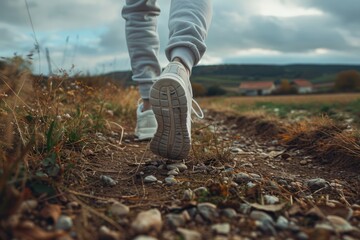 Legs of a running man, sweatpants, sneakers on a dirt path, rural fields and farmhouses in the background, foot fitness and sport.