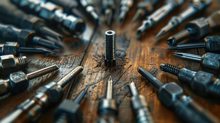 A toolkit featuring many professional instruments, including metallic screwdrivers and drilling equipment, on a wooden workbench.