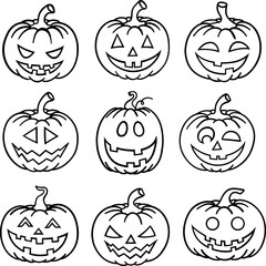 Wall Mural - Cute hand drawn line art Halloween pumpkin vector set