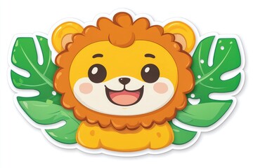 Sticker - Cute Cartoon Lion with Tropical Leaves