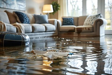 beautiful close-up of flooded living room floor from water leak, revealing damage to furniture and f