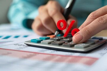 beautiful businessperson calculating bill with a close-up of a red percentage symbol.