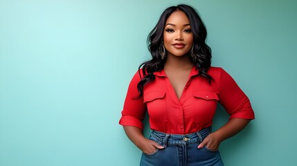 Confident Curvy Fashion Model Strikes a Casual Chic Pose in Studio