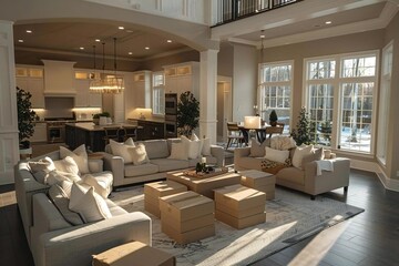 Beautiful living room interior in a new house filled with moving boxes and furniture.