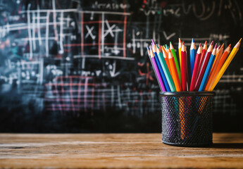 Wall Mural - Back to school concept, Colorful pencils standing in a cup with blurred chalkboard background