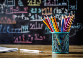 Back to school concept with colored pencils on a teacher's desk in front of a blurred blackboard