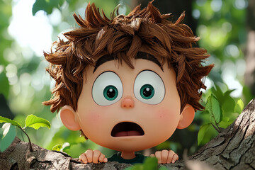 Wall Mural - Surprised shocked scared tree cartoon characters boy kid child teen young man person with funny haircut portrait in 3d style design on light background. Human people feelings expression concept