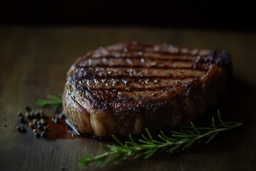 Close up shot steak with grilled mark on wooden cutting board.