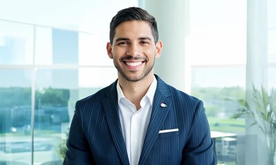 Poster - Head and shoulders video of a confident insurance agent in tailored suit smiling in bright office