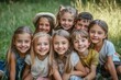 © Frame Fusionist - Kids having fun outdoors in summer. Group portrait of happy little school children in the park. Bunch of cheerful friends posing for a group photo, hugging, looking at the camera and, Generative AI