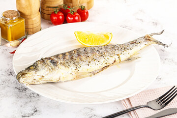 Poster - Grilled sea bass fish served lemon