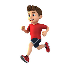 Cheerful Cartoon Boy Running in Red T-Shirt and Shorts on White Background