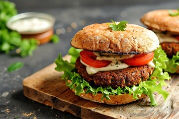 Juicy veggie burger on wooden board with lettuce and tomato