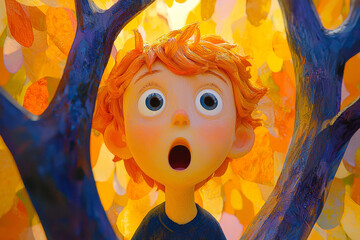 Surprised shocked scared tree cartoon characters boy kid child teen young man person with funny haircut portrait in 3d style design on light background. Human people feelings expression concept