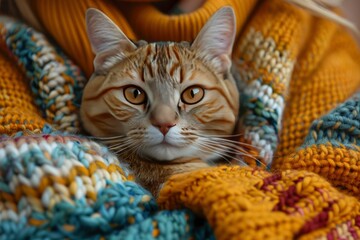 woman's hand hold adorable little cat surround by knitted sweaters. love between humans and animals. cozy moments