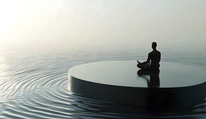 3D render of a man sitting in the lotus position meditating on the edge of a round water surface with ripples and waves, meditation concept background, copy space