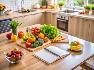 Fresh fruits and vegetables surround a notebook with a customized meal plan on a modern kitchen table, emphasizing healthy eating habits and nutrition guidance.