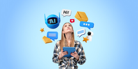 woman with tablet surrounded by ai and chat icons on blue backgr