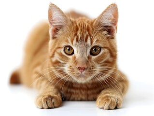 A close-up of an orange tabby cat resting on a white surface with its paws outstretched