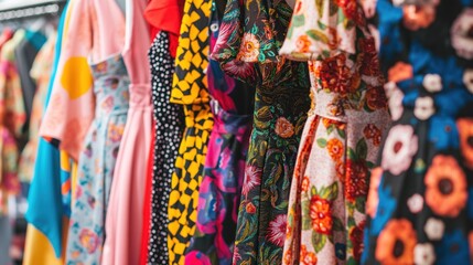 A variety of floral dresses in vibrant colors hang neatly on display, showcasing bold patterns and styles at a boutique, capturing the essence of spring fashion