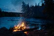 © Photocreo Bednarek - Twilight campfire by a river with stars and sparks in the sky
